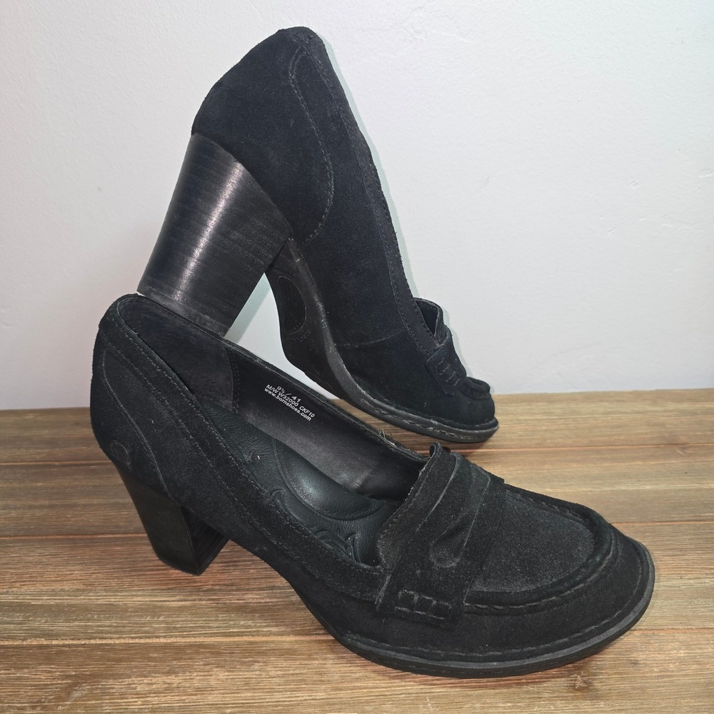 Born Heels 9.5/41‎ Black Suede Penny Loafer Pumps Stacked Block Heel